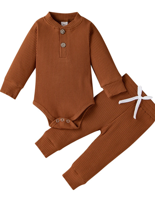 Load image into Gallery viewer, Infant Newborn Baby Girl Boy Spring Autumn Ribbed/Plaid Solid Clothes Sets Long Sleeve Bodysuits + Elastic Pants 2Pcs Outfits
