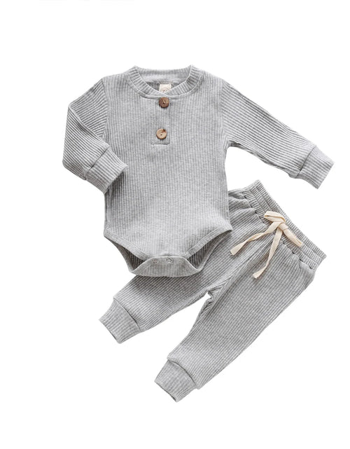 Load image into Gallery viewer, Infant Newborn Baby Girl Boy Spring Autumn Ribbed/Plaid Solid Clothes Sets Long Sleeve Bodysuits + Elastic Pants 2Pcs Outfits
