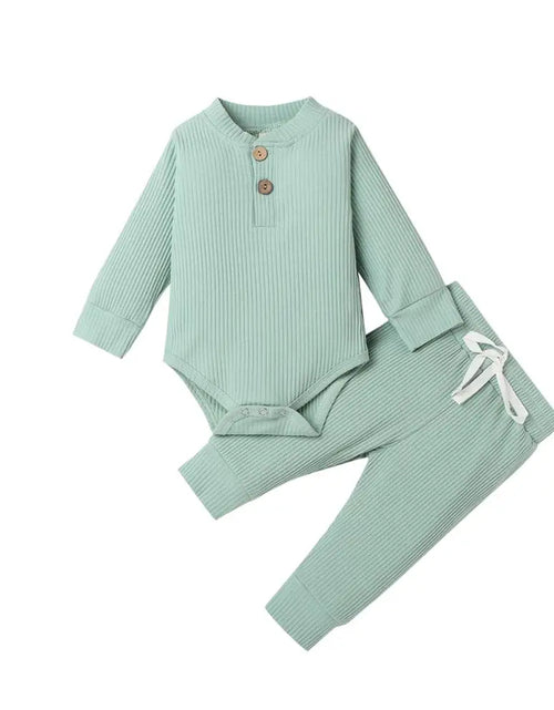 Load image into Gallery viewer, Infant Newborn Baby Girl Boy Spring Autumn Ribbed/Plaid Solid Clothes Sets Long Sleeve Bodysuits + Elastic Pants 2Pcs Outfits
