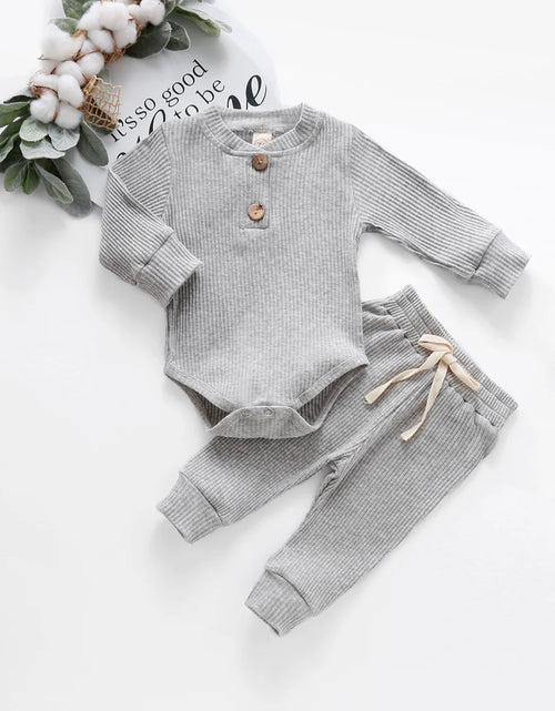 Load image into Gallery viewer, Infant Newborn Baby Girl Boy Spring Autumn Ribbed/Plaid Solid Clothes Sets Long Sleeve Bodysuits + Elastic Pants 2Pcs Outfits
