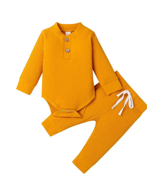 Load image into Gallery viewer, Infant Newborn Baby Girl Boy Spring Autumn Ribbed/Plaid Solid Clothes Sets Long Sleeve Bodysuits + Elastic Pants 2Pcs Outfits
