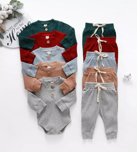 Infant Newborn Baby Girl Boy Spring Autumn Ribbed/Plaid Solid Clothes Sets Long Sleeve Bodysuits + Elastic Pants 2Pcs Outfits