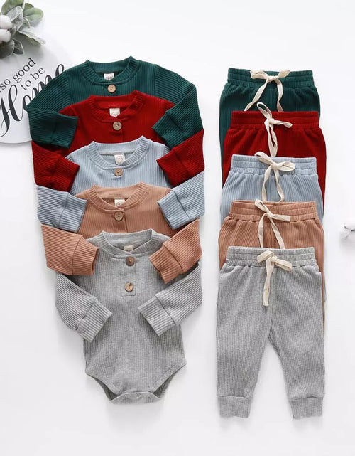 Load image into Gallery viewer, Infant Newborn Baby Girl Boy Spring Autumn Ribbed/Plaid Solid Clothes Sets Long Sleeve Bodysuits + Elastic Pants 2Pcs Outfits

