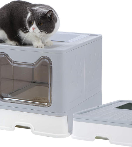 Large Cat Litter Box, Foldable Top Entry Litter Box with Lid ,Easy Clean No Smell Pet Kitty Litter Box Litter Pan Cat Potty