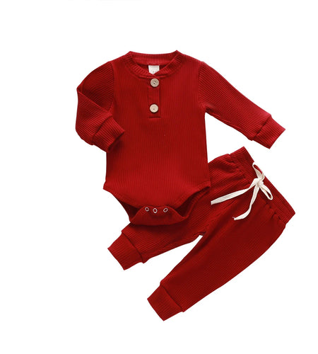 Infant Newborn Baby Girl Boy Spring Autumn Ribbed/Plaid Solid Clothes Sets Long Sleeve Bodysuits + Elastic Pants 2Pcs Outfits