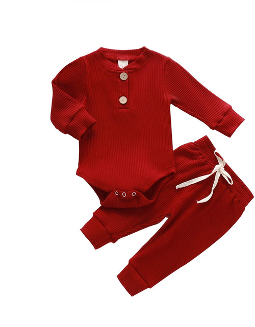 Load image into Gallery viewer, Infant Newborn Baby Girl Boy Spring Autumn Ribbed/Plaid Solid Clothes Sets Long Sleeve Bodysuits + Elastic Pants 2Pcs Outfits
