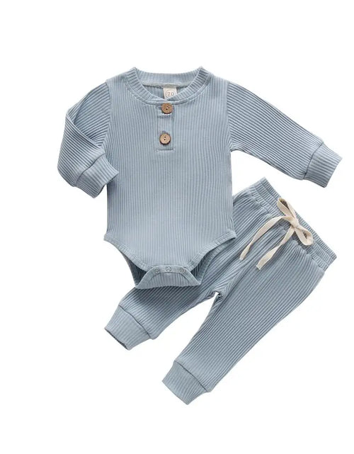 Load image into Gallery viewer, Infant Newborn Baby Girl Boy Spring Autumn Ribbed/Plaid Solid Clothes Sets Long Sleeve Bodysuits + Elastic Pants 2Pcs Outfits
