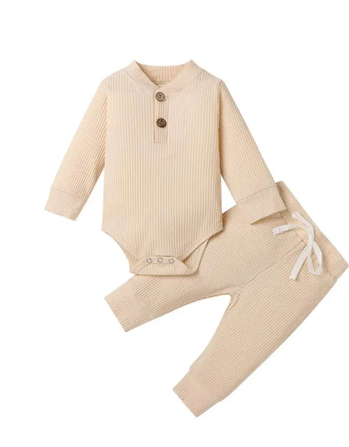 Load image into Gallery viewer, Infant Newborn Baby Girl Boy Spring Autumn Ribbed/Plaid Solid Clothes Sets Long Sleeve Bodysuits + Elastic Pants 2Pcs Outfits
