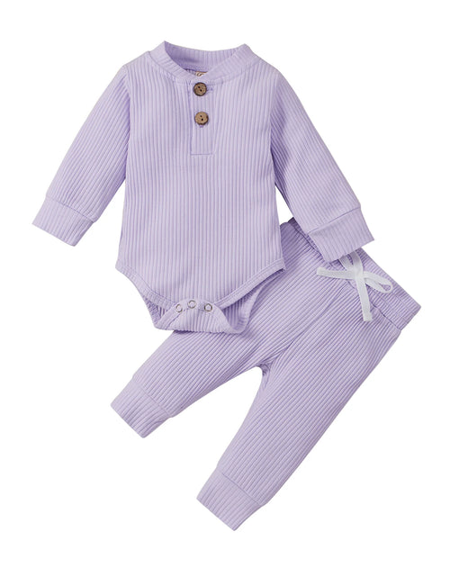 Load image into Gallery viewer, Infant Newborn Baby Girl Boy Spring Autumn Ribbed/Plaid Solid Clothes Sets Long Sleeve Bodysuits + Elastic Pants 2Pcs Outfits
