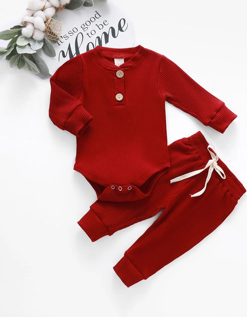 Load image into Gallery viewer, Infant Newborn Baby Girl Boy Spring Autumn Ribbed/Plaid Solid Clothes Sets Long Sleeve Bodysuits + Elastic Pants 2Pcs Outfits
