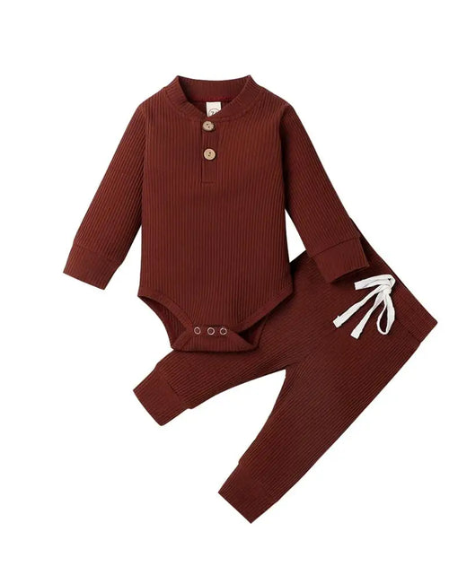 Load image into Gallery viewer, Infant Newborn Baby Girl Boy Spring Autumn Ribbed/Plaid Solid Clothes Sets Long Sleeve Bodysuits + Elastic Pants 2Pcs Outfits
