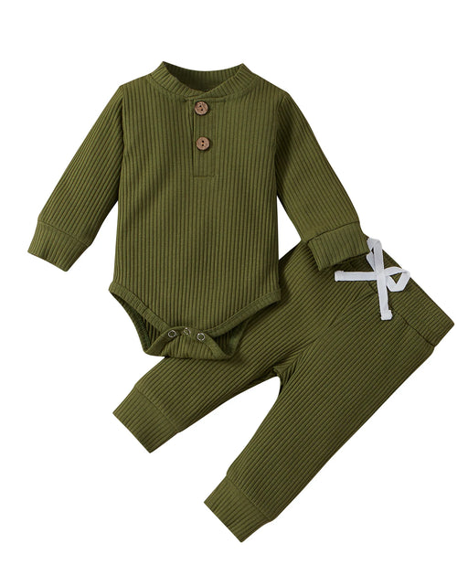 Load image into Gallery viewer, Infant Newborn Baby Girl Boy Spring Autumn Ribbed/Plaid Solid Clothes Sets Long Sleeve Bodysuits + Elastic Pants 2Pcs Outfits

