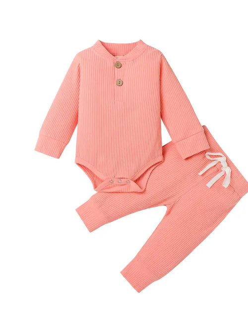 Load image into Gallery viewer, Infant Newborn Baby Girl Boy Spring Autumn Ribbed/Plaid Solid Clothes Sets Long Sleeve Bodysuits + Elastic Pants 2Pcs Outfits
