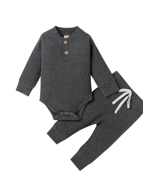 Load image into Gallery viewer, Infant Newborn Baby Girl Boy Spring Autumn Ribbed/Plaid Solid Clothes Sets Long Sleeve Bodysuits + Elastic Pants 2Pcs Outfits
