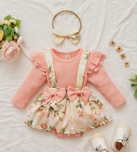 Newborn Infant Baby Girl Ruffle Long Sleeve Ribbed T-Shirt Top Floral Suspender Shorts Headband Winter Clothes