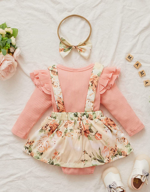Load image into Gallery viewer, Newborn Infant Baby Girl Ruffle Long Sleeve Ribbed T-Shirt Top Floral Suspender Shorts Headband Winter Clothes
