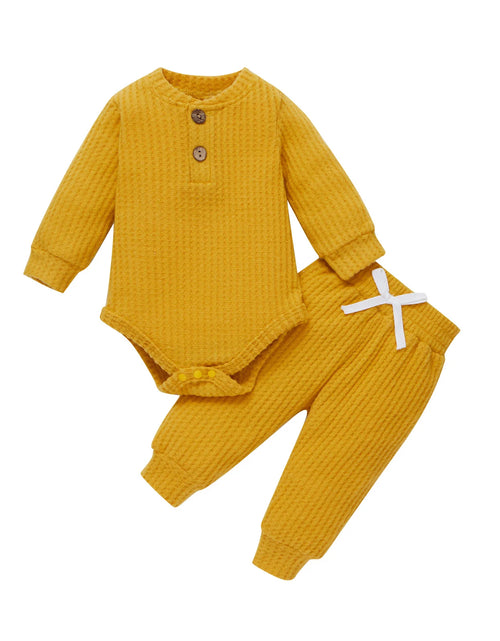 Load image into Gallery viewer, Infant Newborn Baby Girl Boy Spring Autumn Ribbed/Plaid Solid Clothes Sets Long Sleeve Bodysuits + Elastic Pants 2Pcs Outfits
