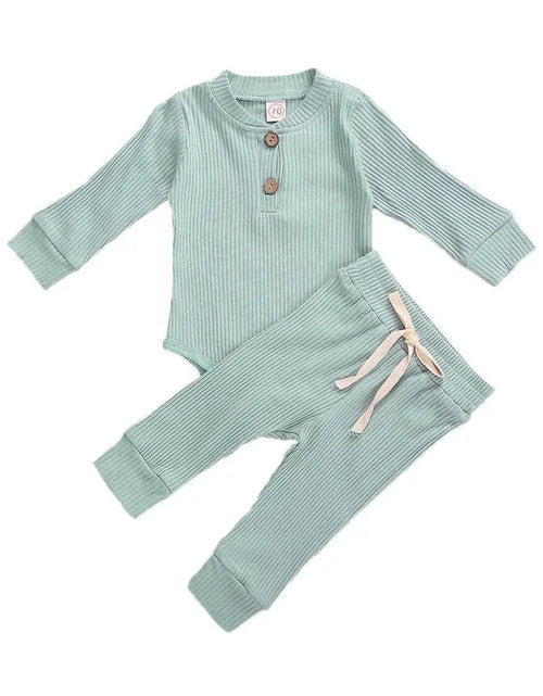 Load image into Gallery viewer, Infant Newborn Baby Girl Boy Spring Autumn Ribbed/Plaid Solid Clothes Sets Long Sleeve Bodysuits + Elastic Pants 2Pcs Outfits
