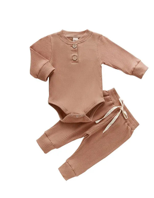 Load image into Gallery viewer, Infant Newborn Baby Girl Boy Spring Autumn Ribbed/Plaid Solid Clothes Sets Long Sleeve Bodysuits + Elastic Pants 2Pcs Outfits
